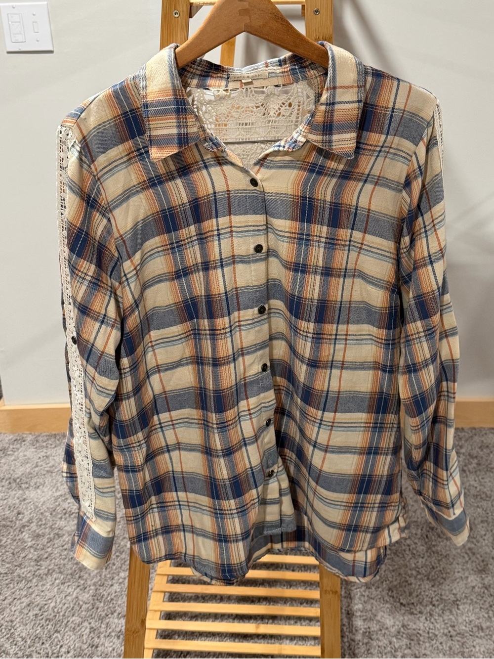 Kate & Sam Plaid Button Down Shirt Lace Back Crochet Sleeve Boho Western Large